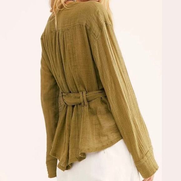 WE THE FREE | Free People Safari Sheer Wrap Top Olive Green Blouse Raw Edge | XL - Picture 2 of 10